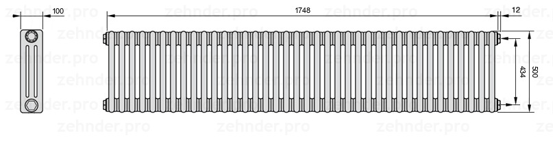 Схема (чертеж) Радиатор Zehnder Charleston 3050/38 №7610 Белый глянцевый RAL 9016